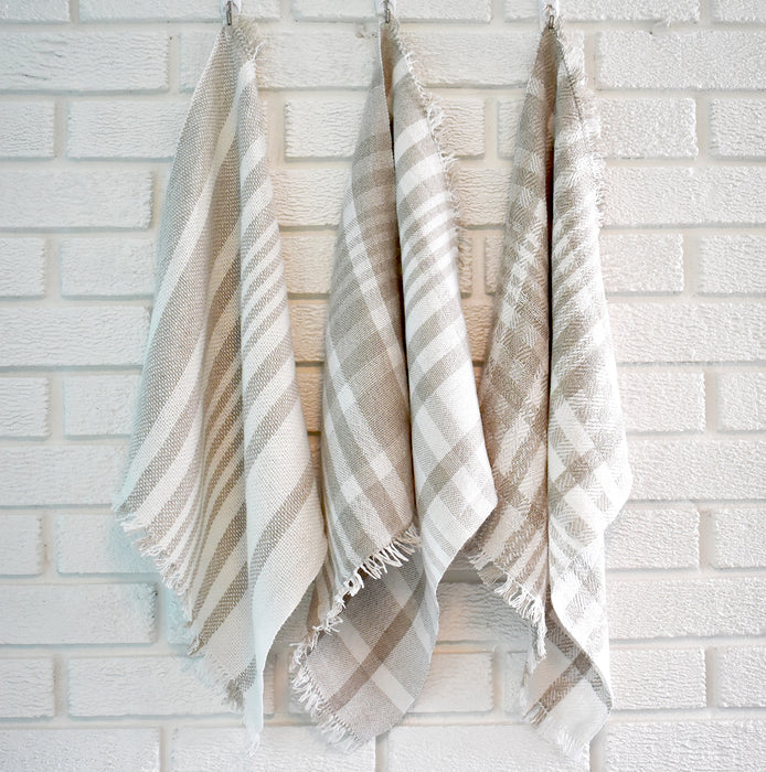 Three handwoven linen dish towels from the Trois Temps weaving pattern