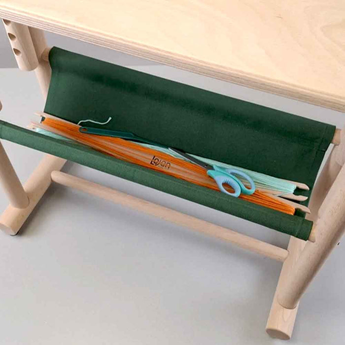 Integrated cotton storage shelf under the Lojan weaving bench