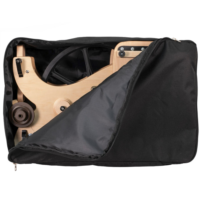 Schacht Sidekick carry bag open showing spinning wheel inside – black travel bag for spinning wheel