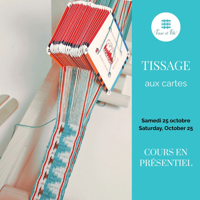 Close-up of tablet weaving in progress on an inkle loom during an in-person weaving course at Tisse et File in the Montreal area