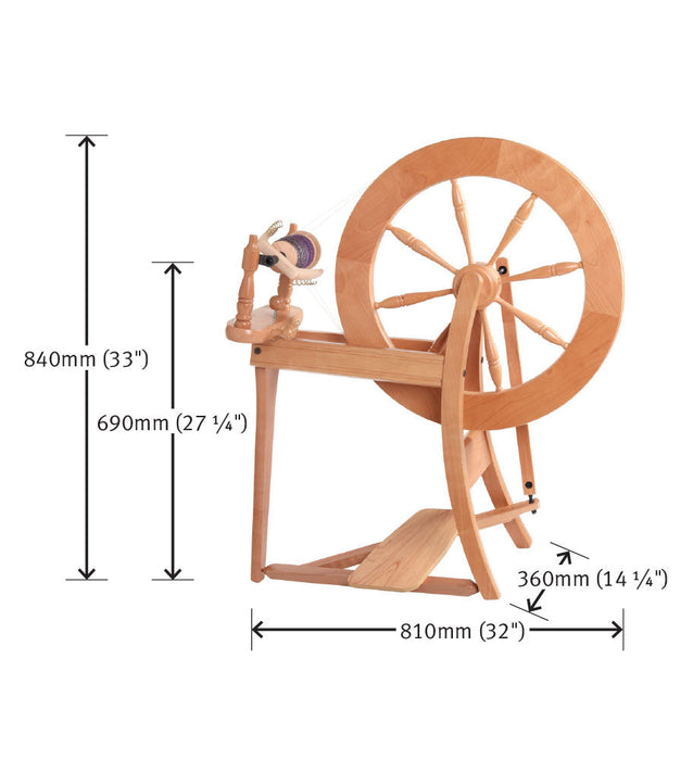 Technical diagram of Ashford Traditional spinning wheel showing dimensions and structure