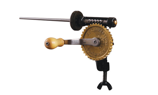 Hand-crank metal bobbin winder with brass gear and fine shaft for weaving and spinning, clamp-on model