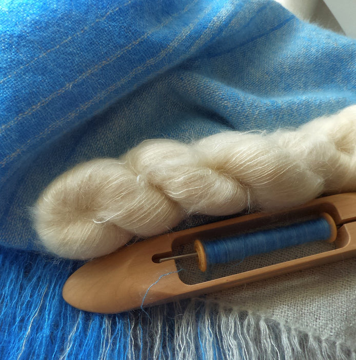 Handwoven Mediterranean stole in mohair and silk, lightweight and airy with a soft halo