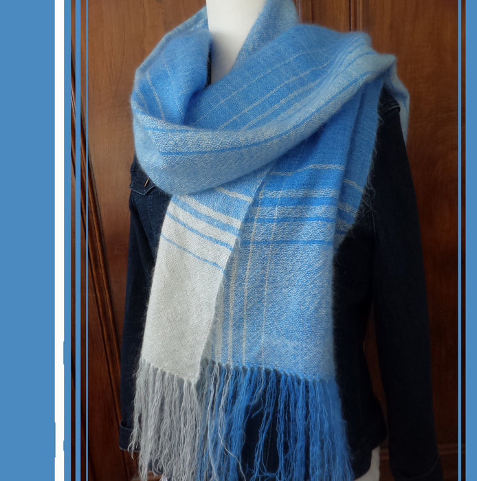 Mediterranean blue mohair and silk handwoven stole draped to show lightness and fluid drape